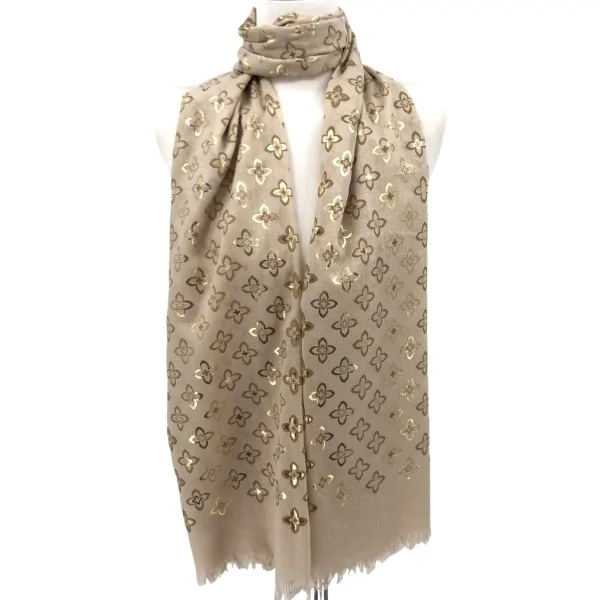 Fine beige scarf with golden floral print