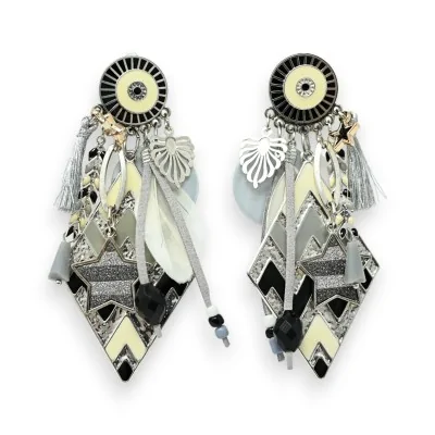 Clip-on earrings with black and gray zigzag diamond medallion