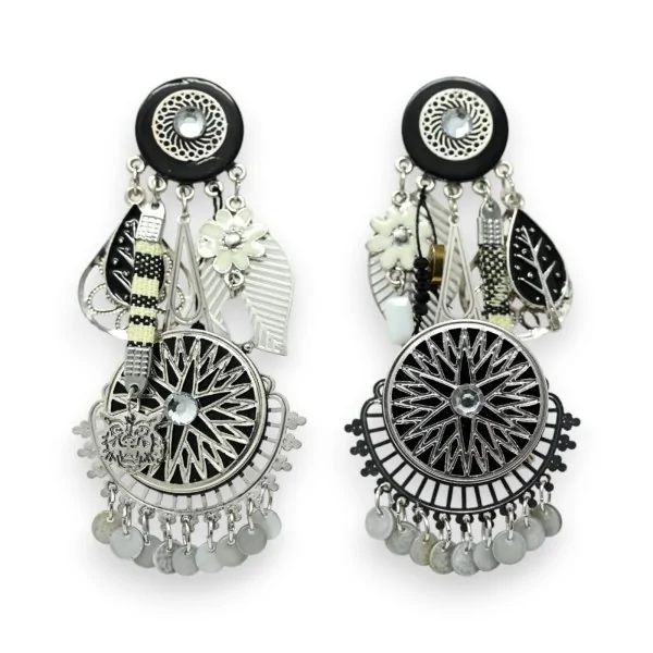 Bohemian black and white clip-on earrings