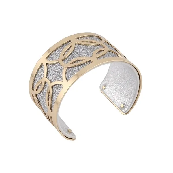 Gold-finish cuff bracelet with glittery silver faux leather and silver accents