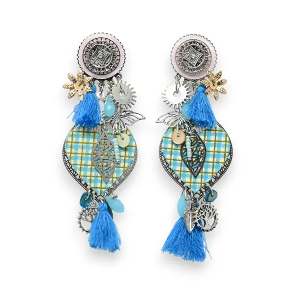 Boucles d'oreilles clip coeur vichy bleu turquoise