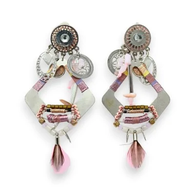 Pendientes de clip con forma de rombo redondeado plateado y rosa