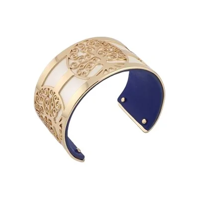 Bracciale a polsino albero della vita dorato in similpelle bianca e blu navy