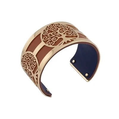 Bracelete largo árvore da vida dourado em couro sintético caramelo e azul marinho