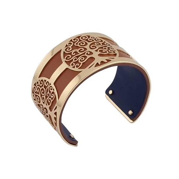 Bracelete largo árvore da vida dourado em couro sintético caramelo e azul marinho
