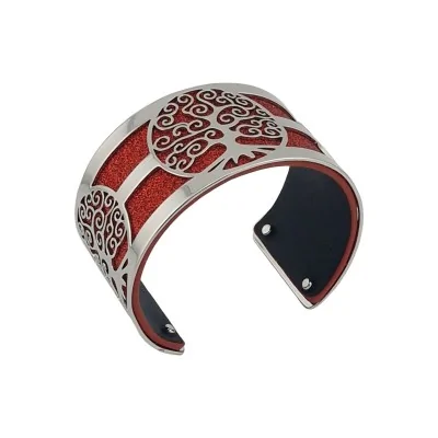 Bracelete largo árvore da vida prateado com couro sintético vermelho brilhante e preto