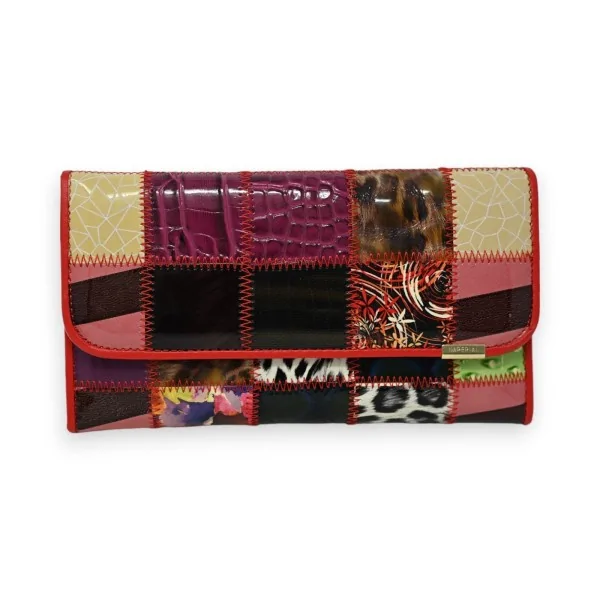 Leather patchwork wallet with red finishes