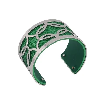 Armband in Manschettenform mit silberfarbenem Finish, grün glitzerndes und einfarbig glänzendes grünes Kunstleder