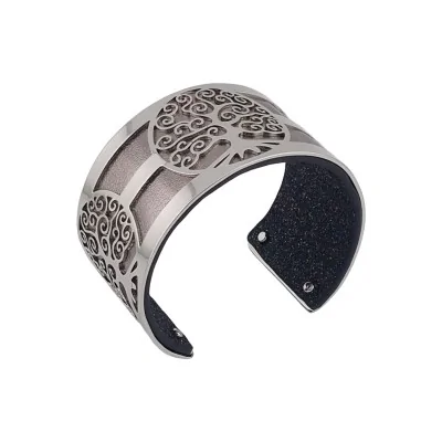 Brazalete con árbol de la vida plateado, imitación de cuero, metal y negro brillante