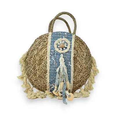 Runde Stroh-Handtasche im Boho-Stil in Beige und Hellblau