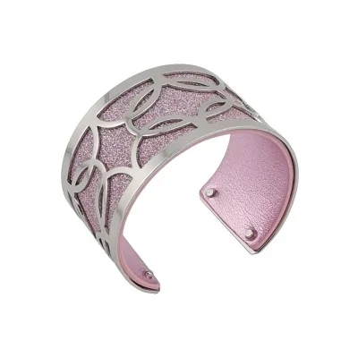 Bracelete largo com acabamentos prateados em couro sintético rosa glitter e rosa brilhante