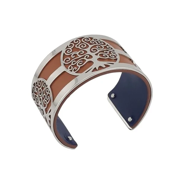 Bracelete manguito árvore da vida dourado em couro sintético camel e azul marinho