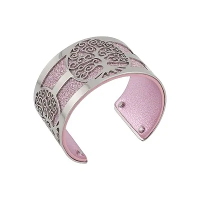 Silver tree of life cuff bracelet with glittery pink and shiny pink faux leather