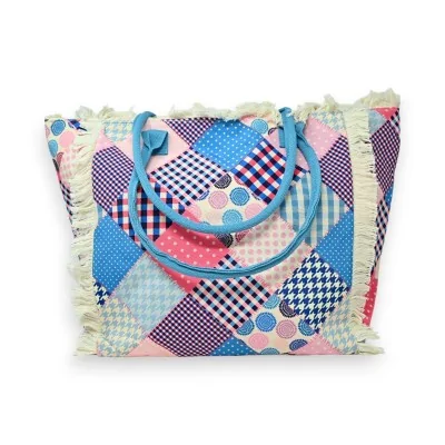 Bolso tote de nylon con estampado patchwork rosa y azul