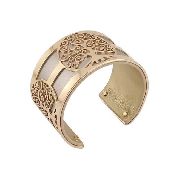 Gold tree of life cuff bracelet with plain silver and plain gold faux leather