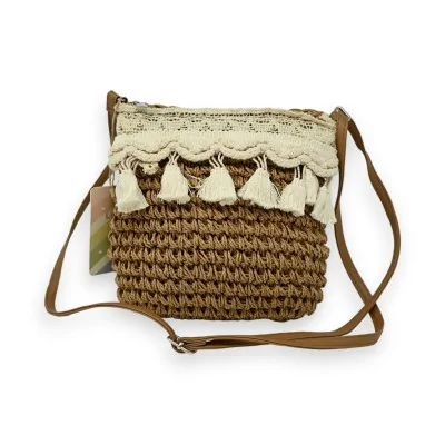 Dark straw boho crossbody bag with macramé and tassels