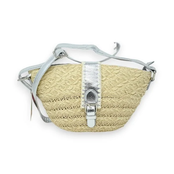 Bolso bandolera bohemio de paja beige y plateado