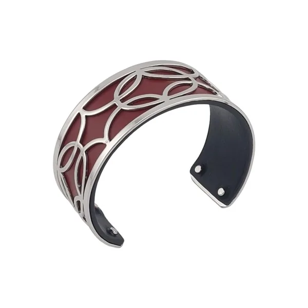 Bracelete fino tipo punho com acabamento prateado em couro sintético bordô e preto