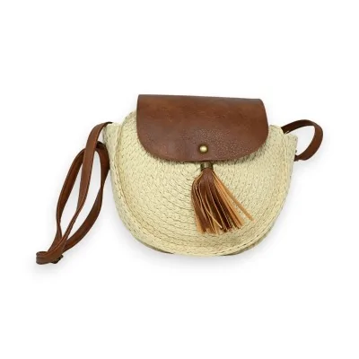 Borsa a tracolla rotonda boho beige chiaro