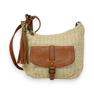 Bolso bandolera de paja beige claro en forma de riñonera
