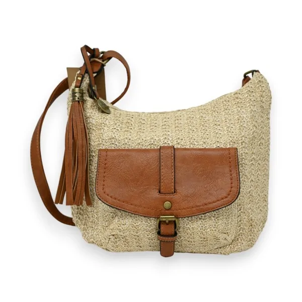 Beige straw crossbody bag in banana shape