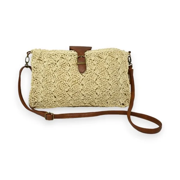 Beige openwork rectangular straw crossbody bag