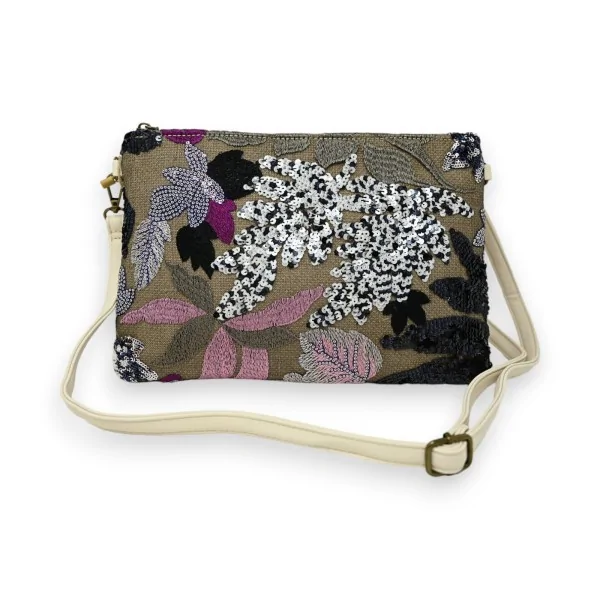 Bestickte Clutch aus Stoff und Pailletten in Schwarz und Rosa
