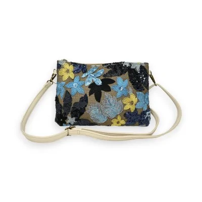Bolsa clutch com bordados em tecido e lantejoulas azuis e amarelas
