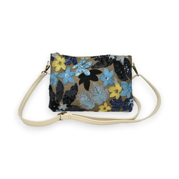 Bolsa clutch com bordados em tecido e lantejoulas azuis e amarelas