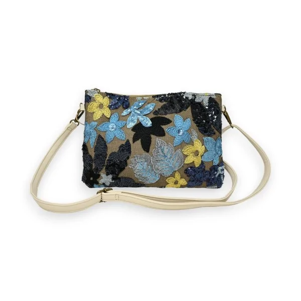 Borsa pochette con ricami in tessuto e paillettes blu e gialle