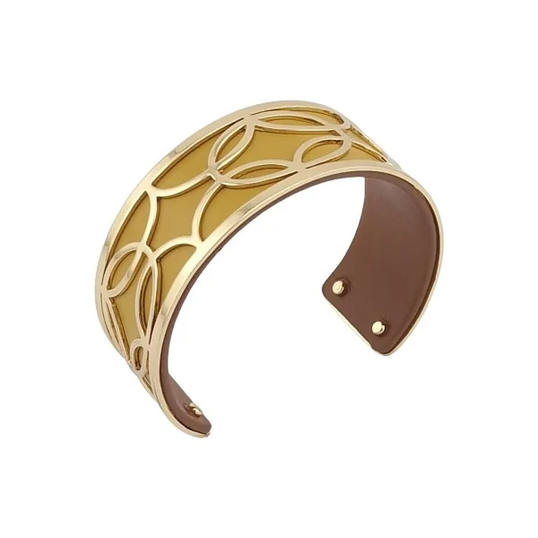 Pulsera brazalete fina con acabado dorado de cuero sintético en color mostaza y marrón