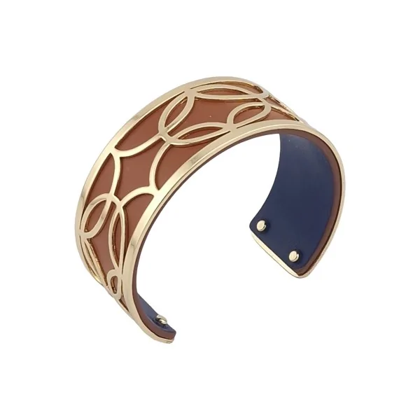 Bracelete fino tipo punho em acabamento dourado, couro sintético camel e azul marinho