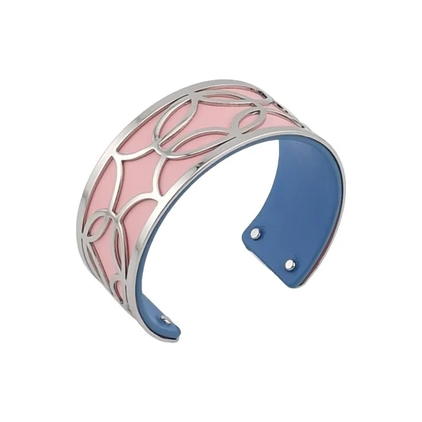 Thin cuff bracelet with silver finish, faux leather in pink and blue denim