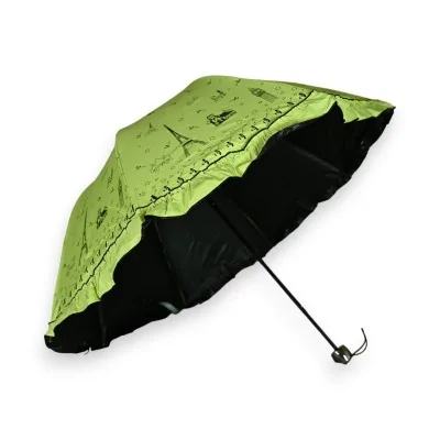 Romantic manual folding umbrella with ruffles, Eiffel Tower design, lime green