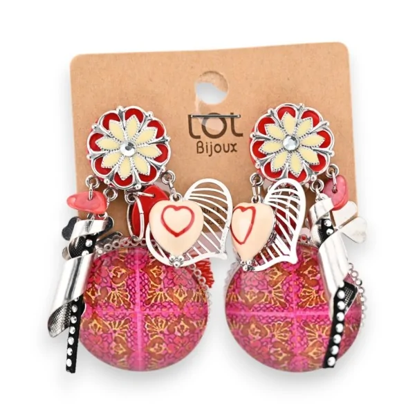 Boucles d'oreilles clip rouge médaillon rond imprimé