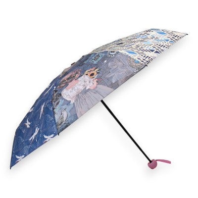 Guarda-chuva pequeno Sweet & Candy ilustração de menina numa aldeia em tons azuis com libélulas e pássaros