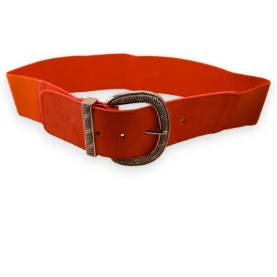 Cinto elástico feminino decorativo com fivela dourada laranja