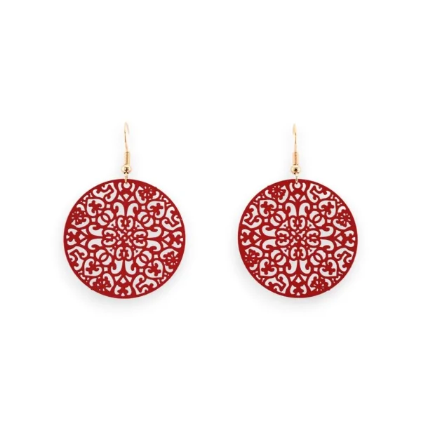 Pendientes Redondos Rojo Mate Efecto Encaje
