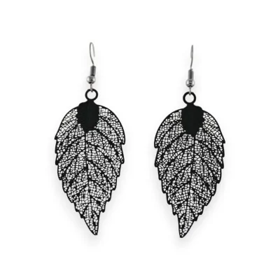 Black lace metal leaf earrings