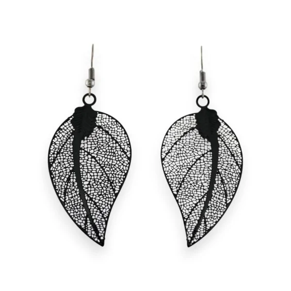 Black metal leaf pattern earrings