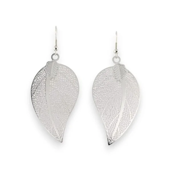 Silver metal earrings with leaf pattern