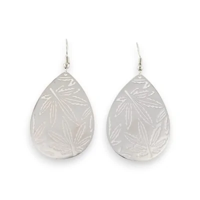 Silver metal earrings with cannabis leaf design