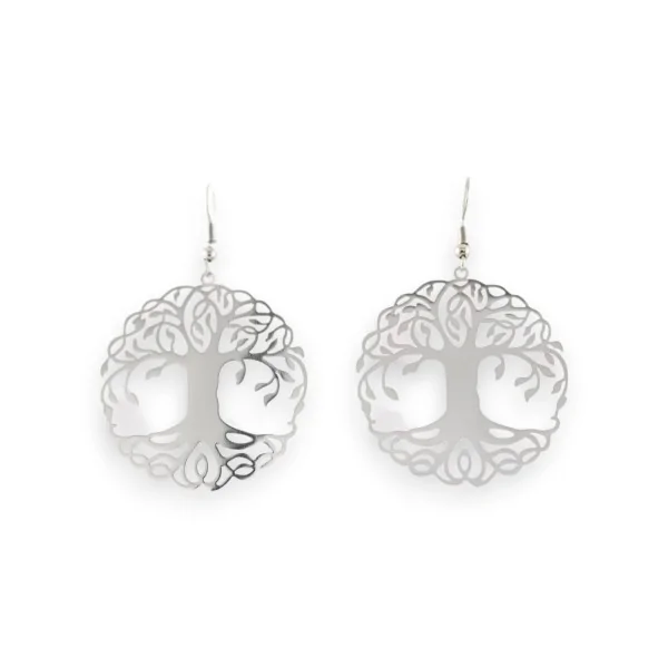 Silver metal earrings with tree of life design