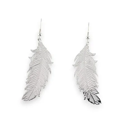 Silver metal feather-motif earrings