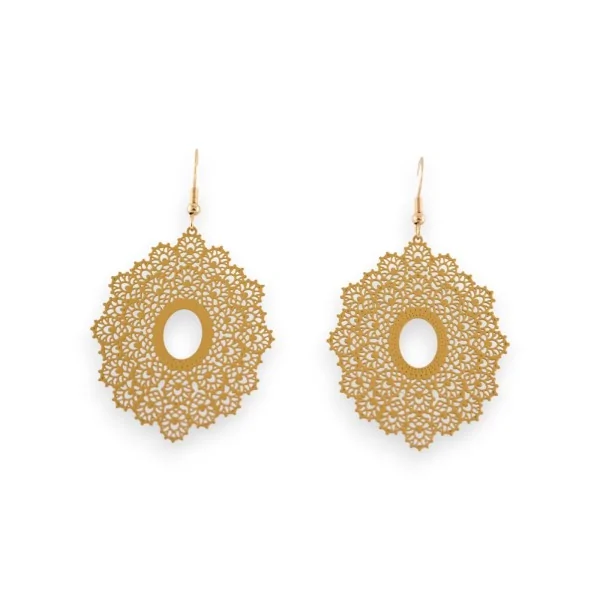 Mustard metal earrings with oval lace pattern