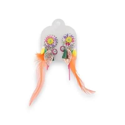 Multicolored metal clip-on earrings with feathers by Ikita