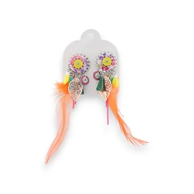 Orecchini a clip in metallo multicolore con piume Ikita