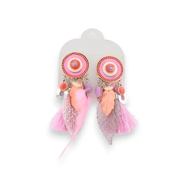 Rose and orange metal clip-on earrings with feathers by Ikita