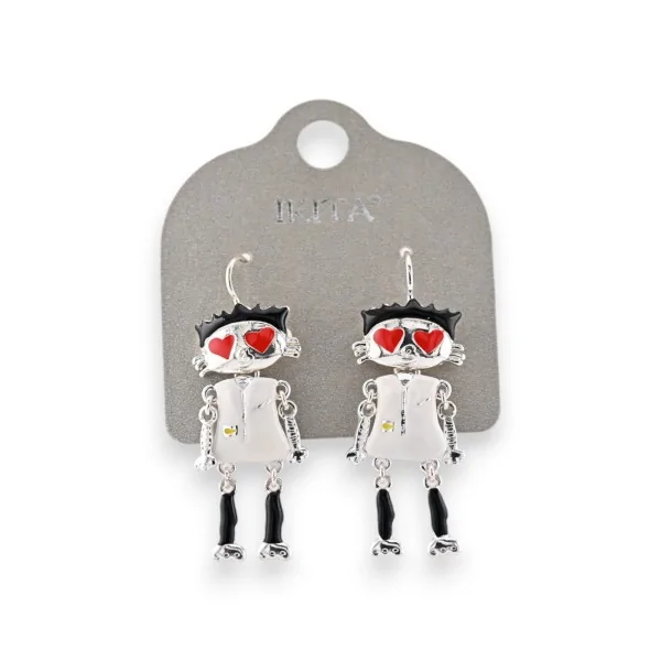 Brincos de metal com personagem preto e branco Ikita