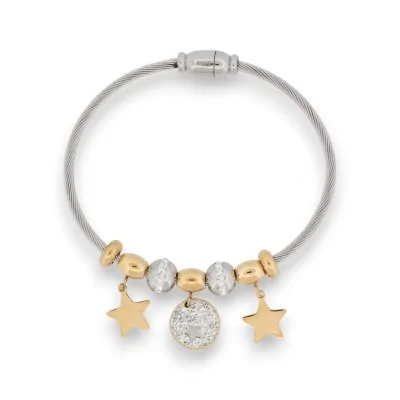 Pulseira charm em aço bicolor com estrelas